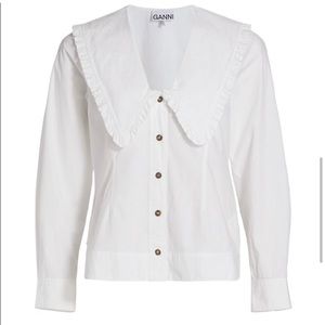 Ganni White Cotton Poplin Frill Oversized Collar Shirt Size US 2 EU 34